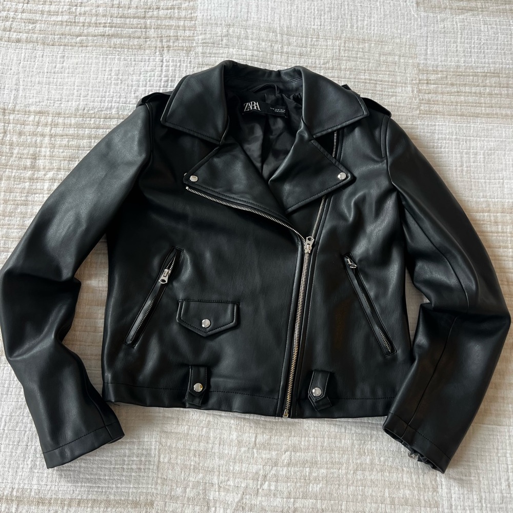 Zara Black Faux Leather Moto Jacket with Silver Hardware